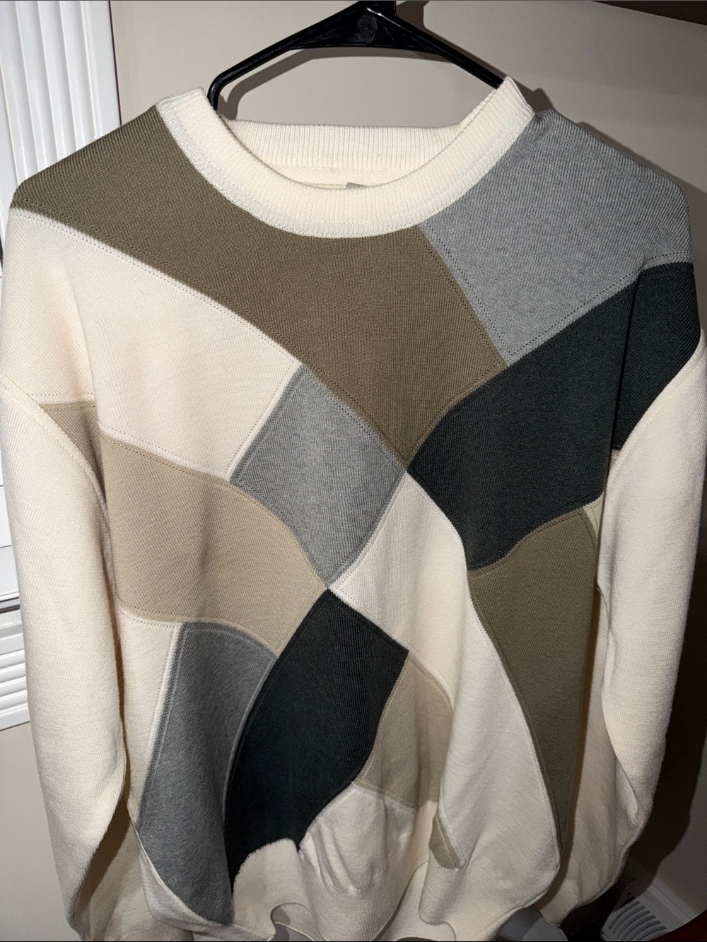Men’s Patchwork Crewneck Sweater in Cream and Olive-Neutral Panels